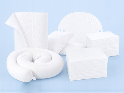 Oil-only absorbent pads, rolls, socks and absorbent booms