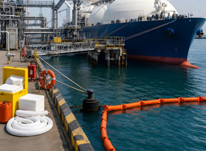 LNG bunkering vessel and shore terminal working scene