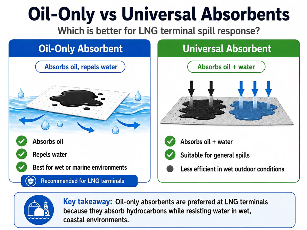 Oil-only absorbents versus universal absorbents for spill response. Oil-only absorbents versus universal absorbents for spill response.