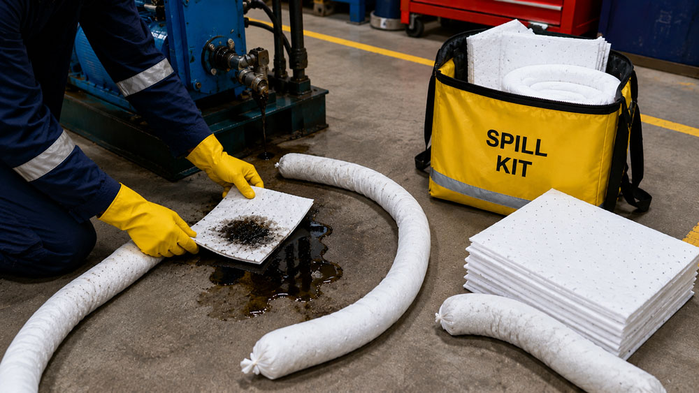 Oil spill kit for workshop and industrial spill response. Oil spill kit for workshop and industrial spill response.
