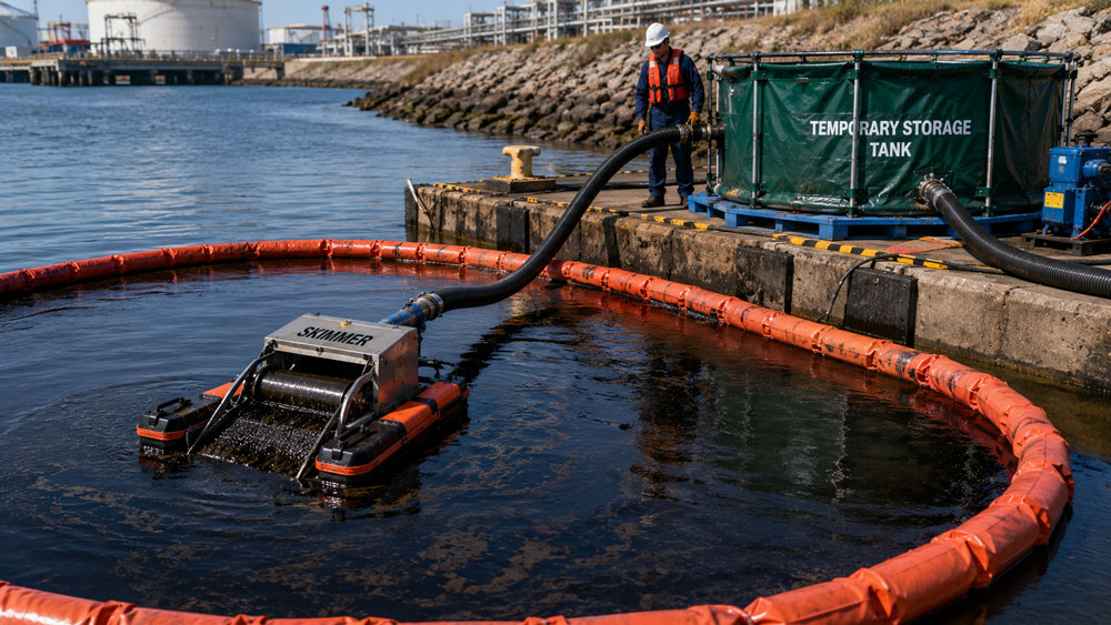 Oil skimmer recovering floating oil during spill response. Oil skimmer recovering floating oil during spill response.