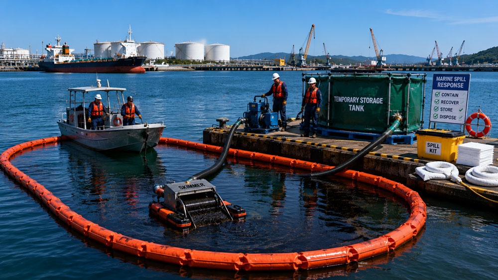 Complete marine oil spill response system for ports and terminals. Complete marine oil spill response system for ports and terminals.