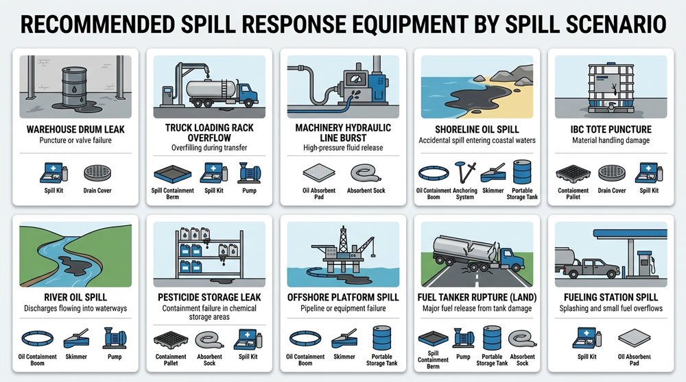 Oil spill response equipment selection matrix for different spill scenarios. Oil spill response equipment selection matrix for different spill scenarios.
