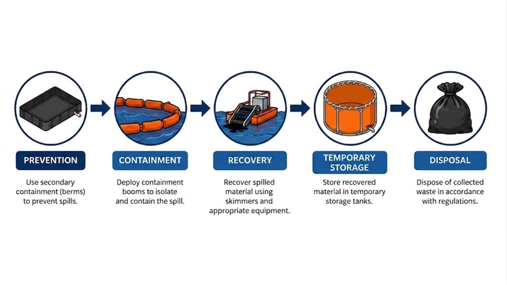 Oil spill response process from prevention to containment and recovery. Oil spill response process from prevention to containment and recovery.