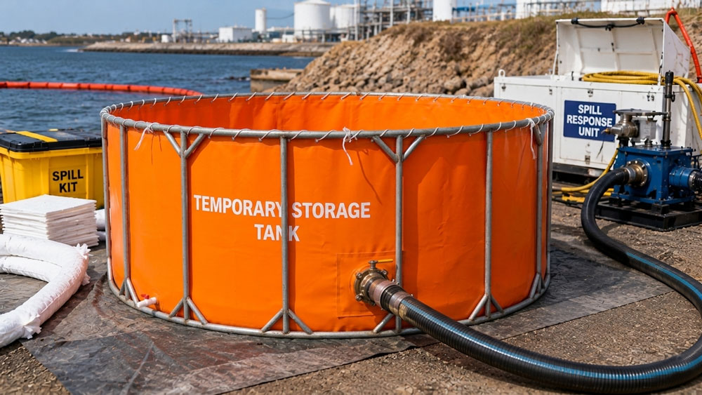 Temporary oil storage tank for recovered oil and oily water. Temporary oil storage tank for recovered oil and oily water.