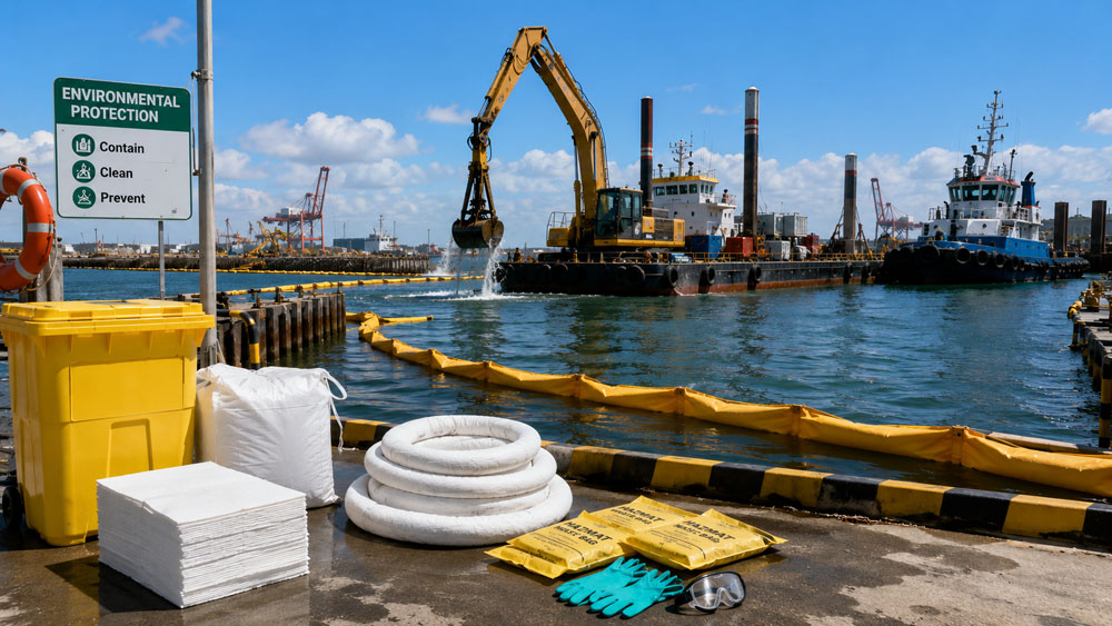 Port contractors using spill response equipment before marine construction work