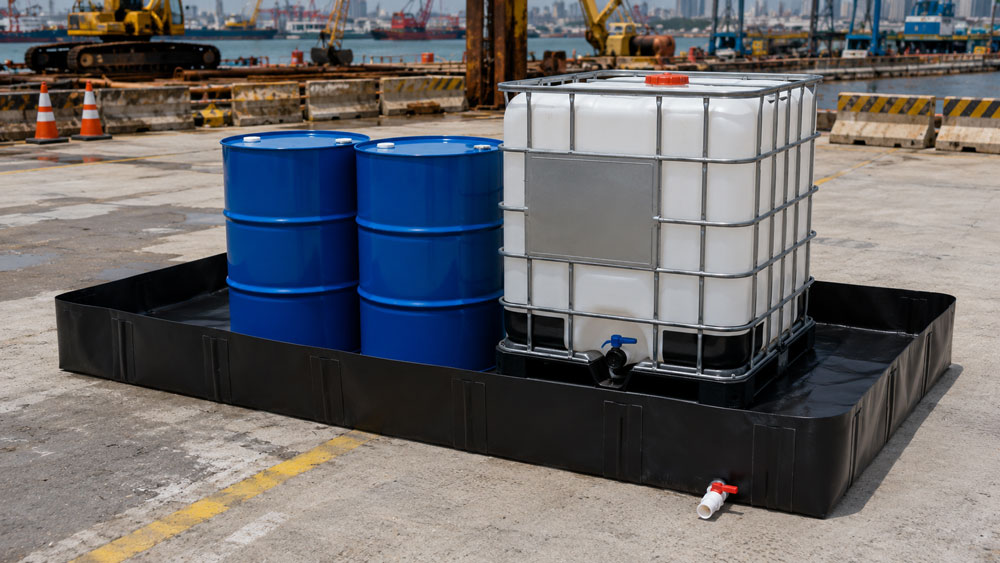 Spill containment berm for fuel and chemical storage in port construction