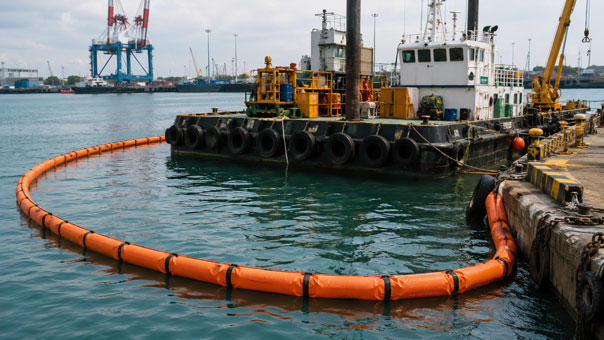 Oil containment boom for LNG bunkering port spill control