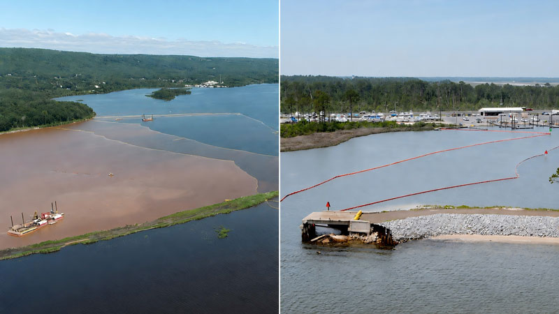 Silt curtain vs oil boom applications on water