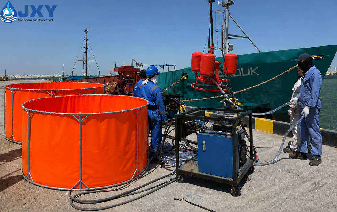 Complete port oil spill response equipment package including oil boom skimmer absorbents and storage tank Complete port oil spill response equipment package including oil boom skimmer absorbents and storage tank