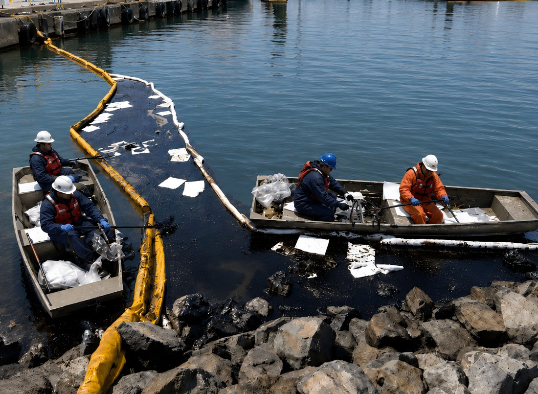 Oil containment boom deployed at port berth for marine spill response
