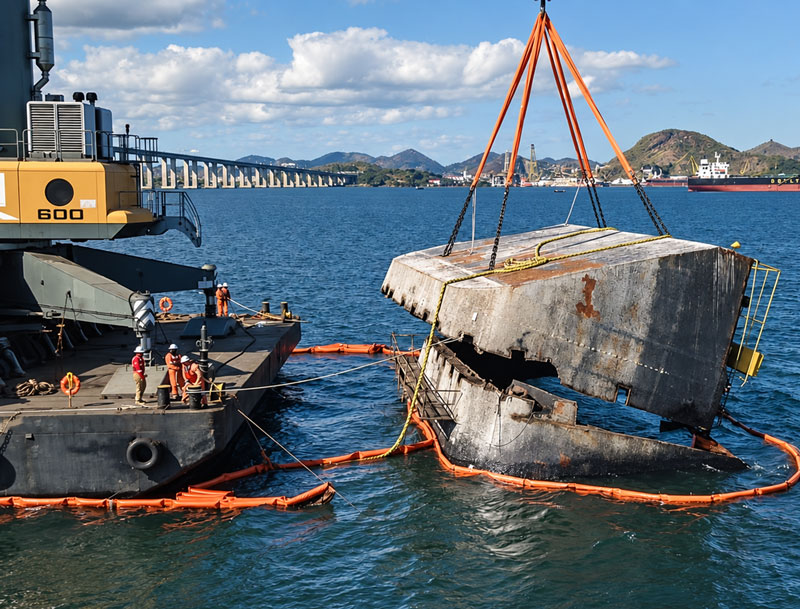 Oil containment boom deployed for marine oil spill response