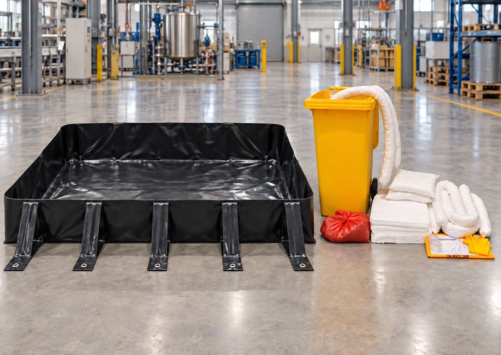 Industrial oil spill response equipment with spill containment berm and absorbents