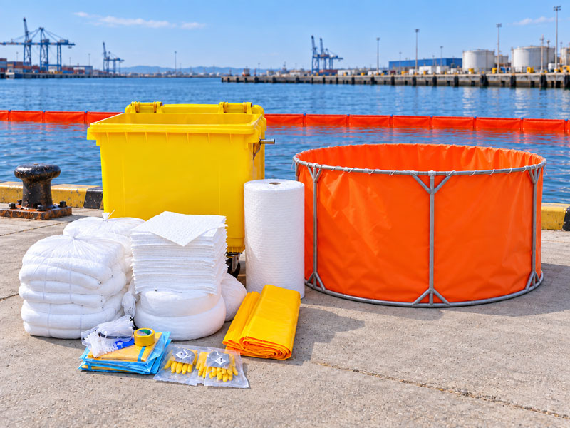 Oil spill response equipment package with fence boom for ports and harbors