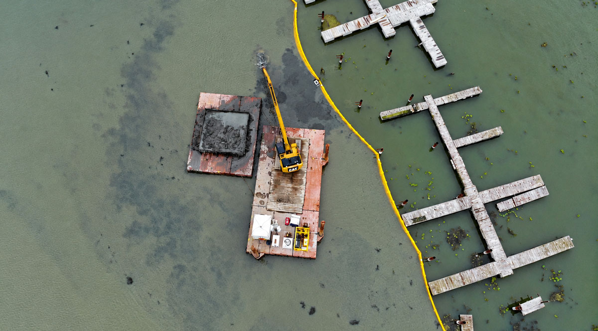 Silt curtain installed for sediment control during marine construction