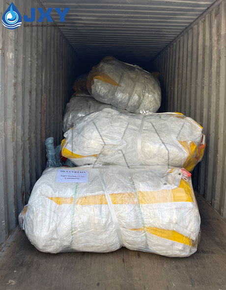 Packed silt curtain systems prepared for international shipment
